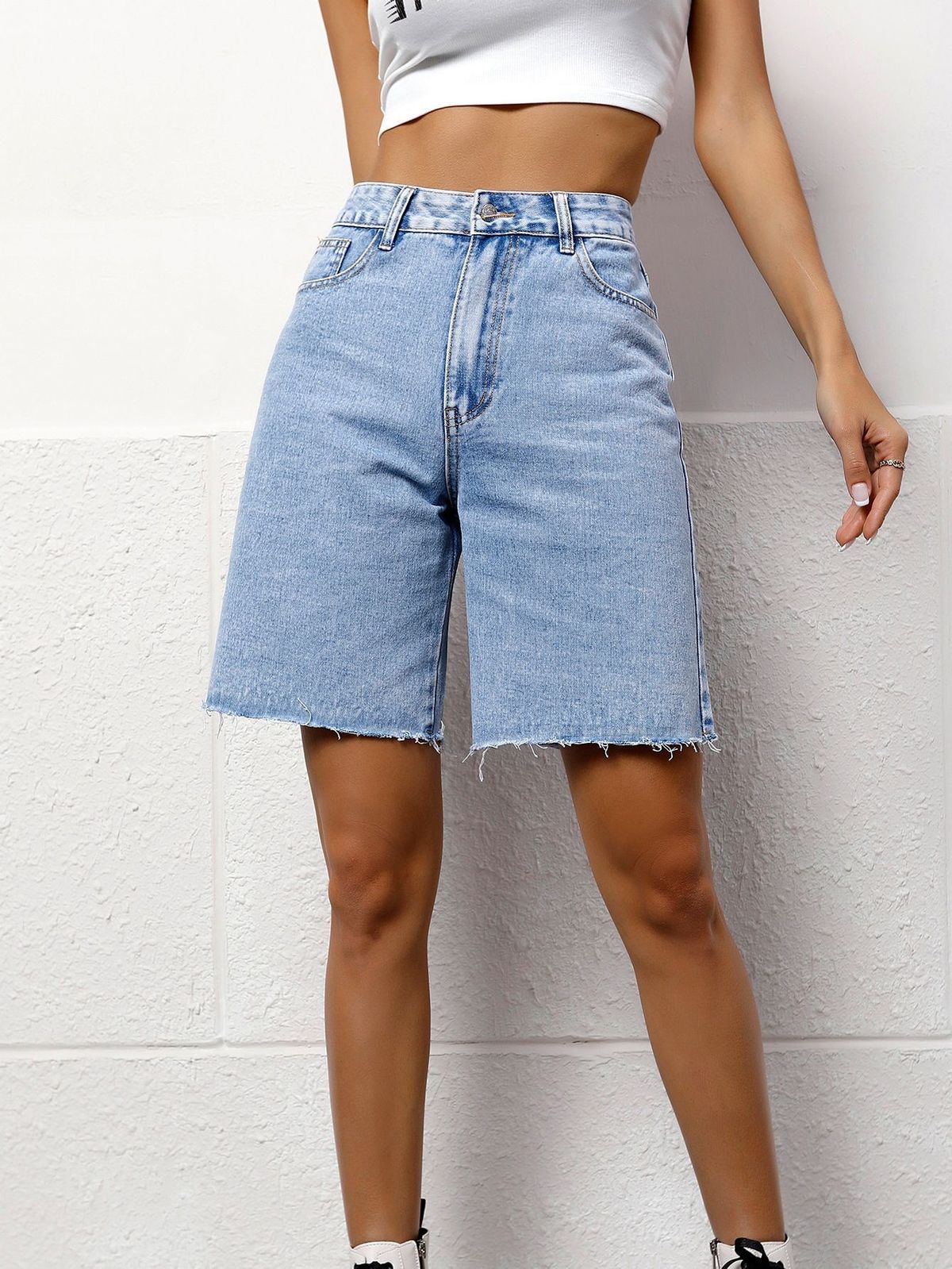 Women's High Waist Loose Fit Washed Denim Shorts – Trendy Distressed Casual Shorts With Stretch Comfort_mkmklike.com