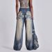 Women's Clothing Washed Old Gradient Wings Printing Retro New Loose Wide Leg Denim_mkmklike.com