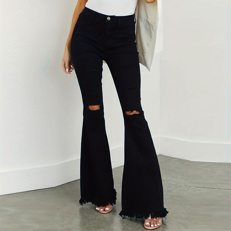 Trendy High-Waisted Flared Jeans For Women - Stretchy Ripped Hem Bell Bottom Pants With Raw Edge Detail - Slim Fit & Comfortable (Black)_mkmklike.com