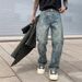 Men's Trendy Washed Straight Leg Jeans Unique Jacquard Pattern High Street Style Loose Fit American Retro Cool Versatile_mkmklike.com