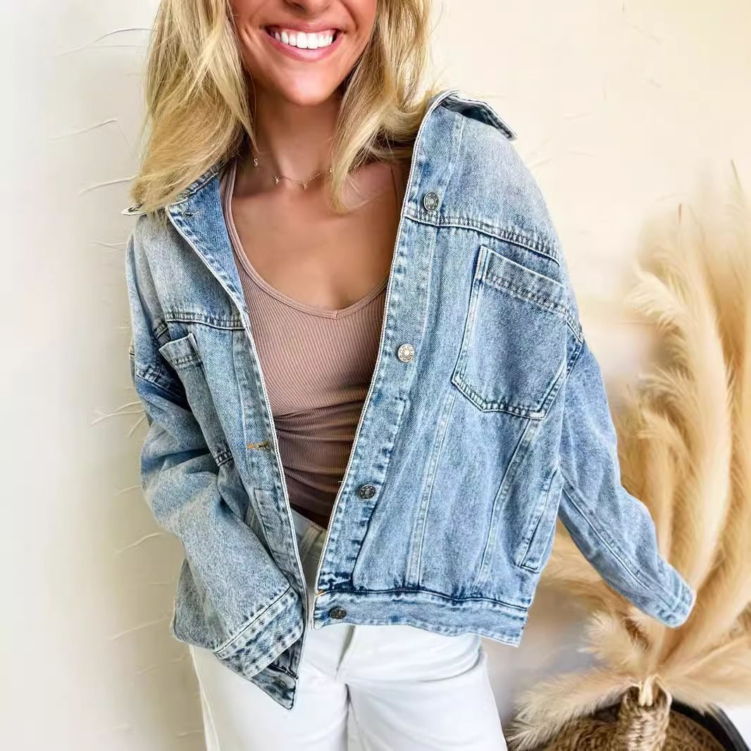 Women's Oversized Denim Jacket -Inspired Vintage Wash With Multiple Pockets & Relaxed Fit_mkmklike.com