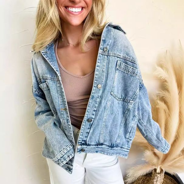 Women's Oversized Denim Jacket -Inspired Vintage Wash With Multiple Pockets & Relaxed Fit_mkmklike.com