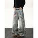 "Men's Retro Leopard Print Denim Pants – Double Waistband & 3D Print Design | Loose Fit Wide-Leg Jeans | 90s Vintage Streetwear"_mkmklike.com