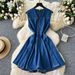 Women's Clothing Sleeveless Vest Denim Skirt Waist Slimming Heavy Beaded Single Breasted Pleated Dress_mkmklike.com