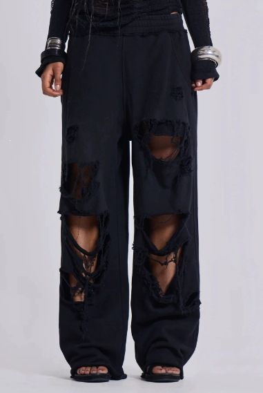 Women's Trendy Casual Wide Leg Pants Ripped Details Street Style Hip Hop Design Loose Sweatpants_mkmklike.com