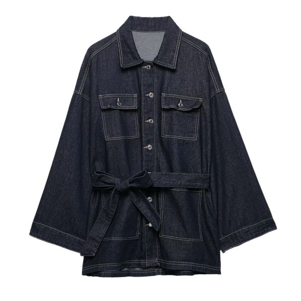Women's Clothing Retro Indigo Blue Denim Jacket With Waist Cinching Belt Loose Long Sleeve Casual Fashion For Spring_mkmklike.com