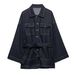 Women's Clothing Retro Indigo Blue Denim Jacket With Waist Cinching Belt Loose Long Sleeve Casual Fashion For Spring_mkmklike.com
