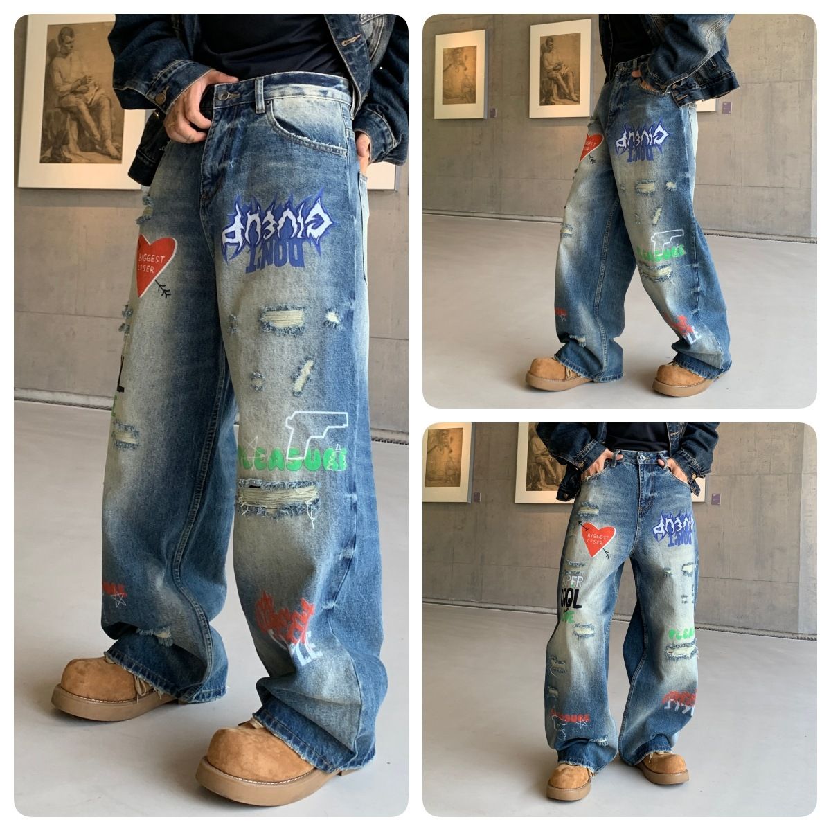 Men's Clothing Men's & Women's Hip-Hop Digital Print Jeans – Loose Fit, Straight Leg, Vintage Washed (Cotton, No Stretch, S-3XL)_mkmklike.com