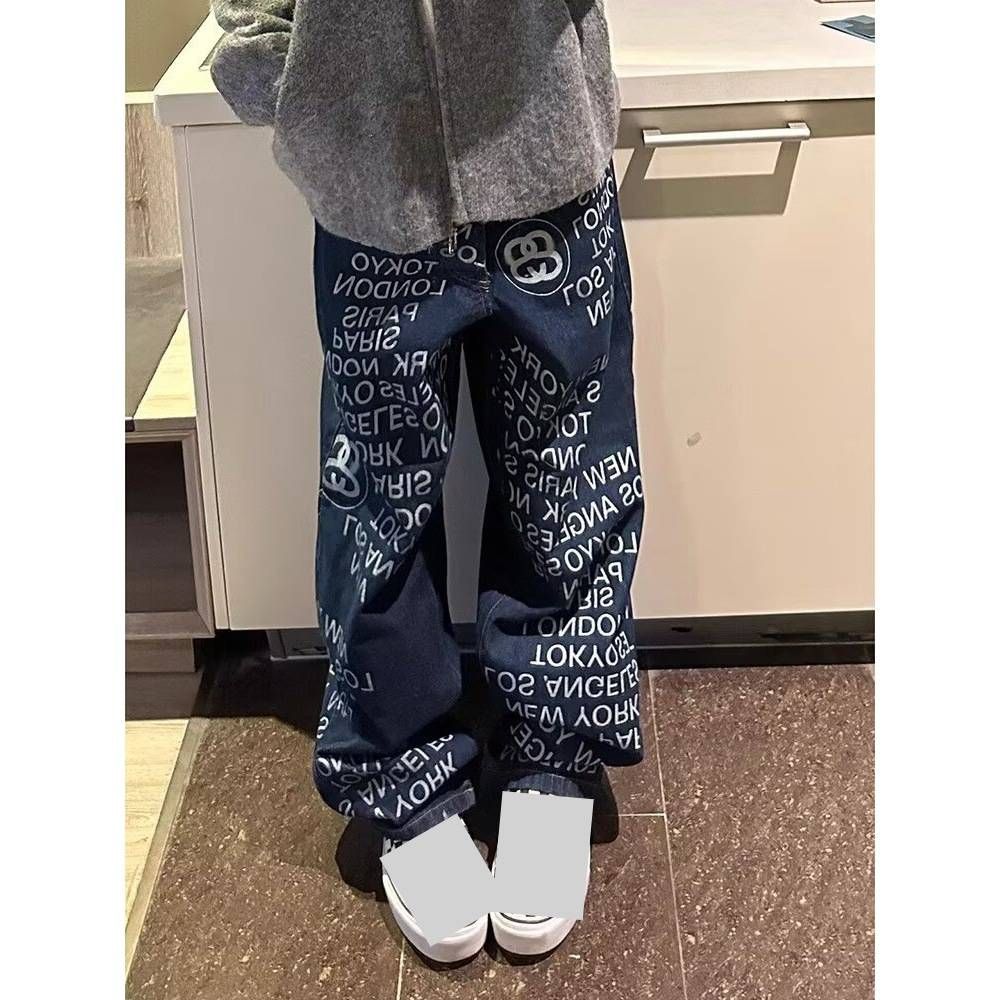 Streetwear Letter Print Jeans – Oversized Straight-Leg Denim Pants For Men (S-3XL, Vintage Dark Wash & Full-Length Typography)_mkmklike.com