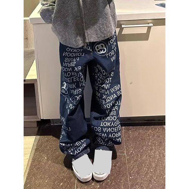 Streetwear Letter Print Jeans – Oversized Straight-Leg Denim Pants For Men (S-3XL, Vintage Dark Wash & Full-Length Typography)_mkmklike.com