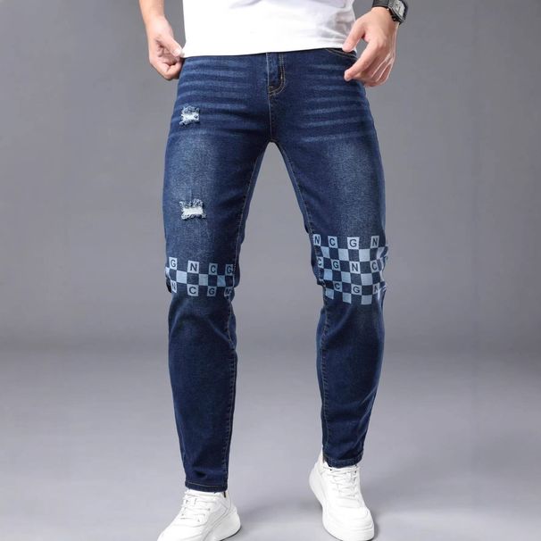 Men's Slim Fit Stretch Ripped Denim Jeans Dark Blue Distressed Skinny Midweight Polyester Mid Waist Jeans_mkmklike.com
