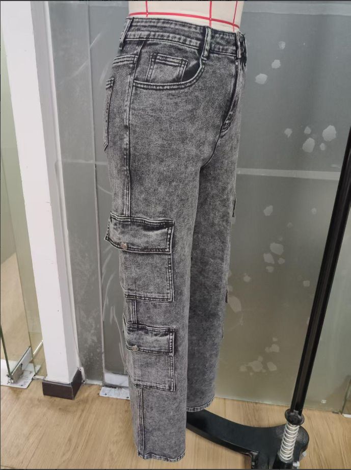 High Elastic Multi Pocket Cargo Pants, Denim Trousers_mkmklike.com