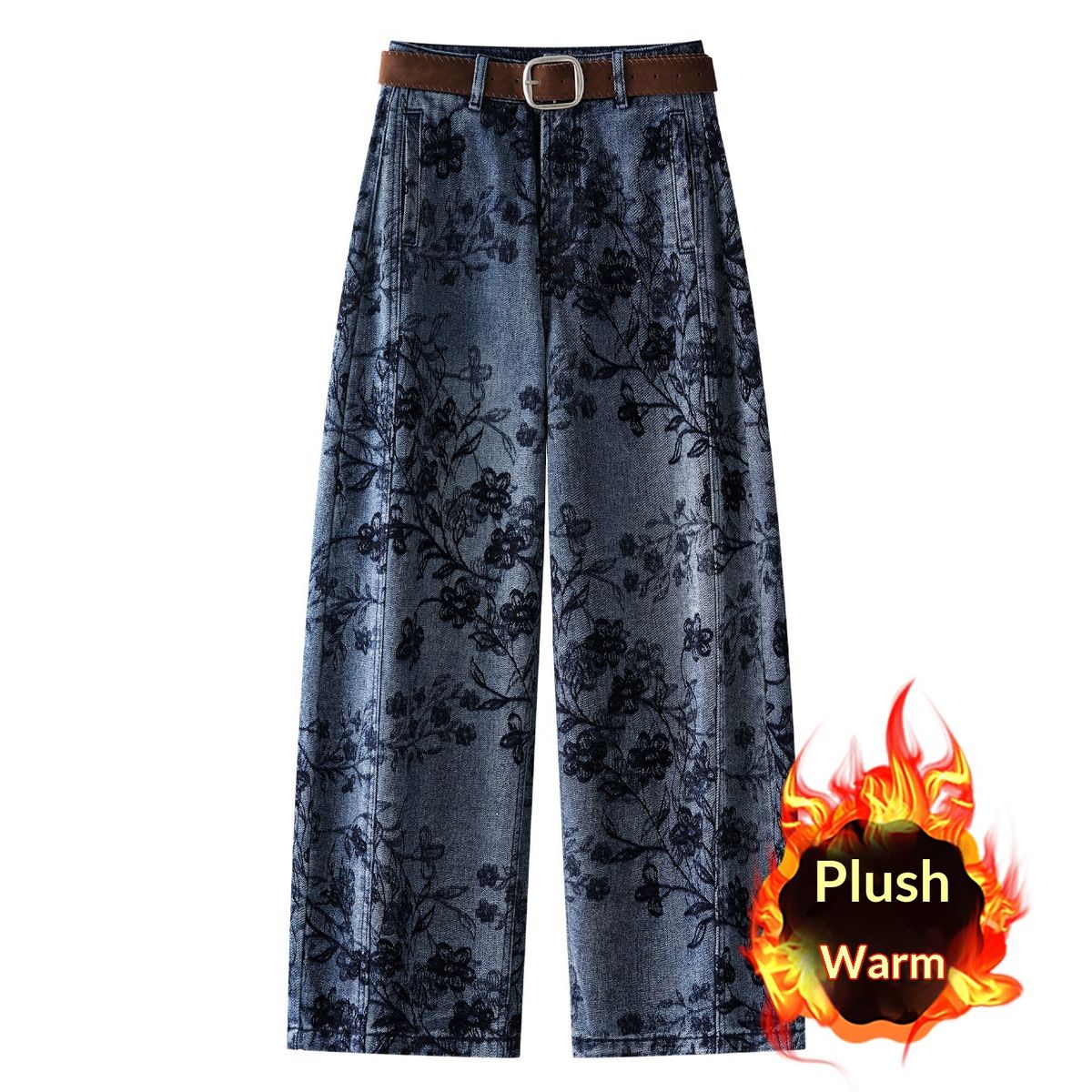 Clair Blue Jacquard Retro Scimitar Jeans For Women 2025 New Autumn Winter Fleece High Waist Loose Wide Leg Harem Pants_mkmklike.com