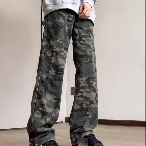 Men's Camo Cargo Jeans - Summer Loose Fit Retro Streetwear Pants With Straight Leg & Wide Hem_mkmklike.com