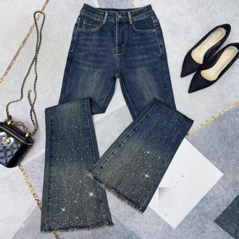 Women's Clothing High-Waisted Rhinestone Denim Jeans Black Slim Fit Long Pants With Frayed Edges Stretch Spring Autumn Fashion_mkmklike.com