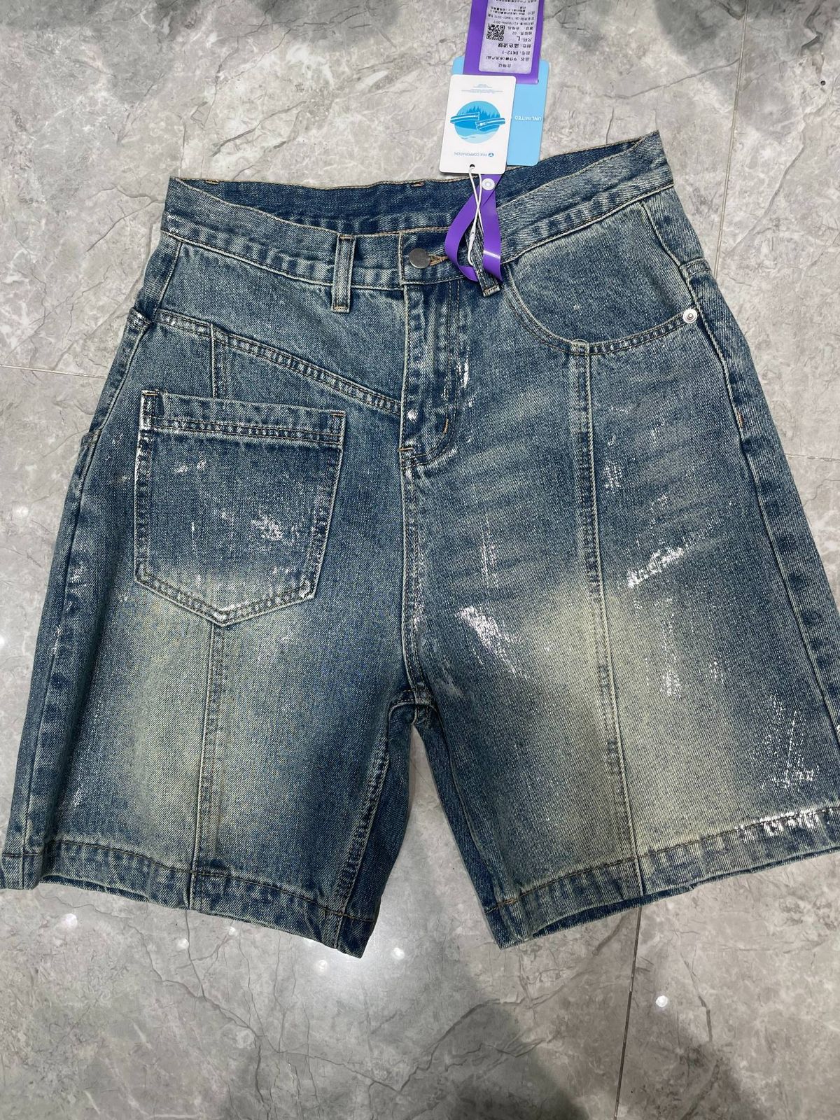 Unisex Summer Denim Shorts 2026 Retro American Patchwork Design Loose Fit Five Point mid Waist Blue with Pockets Machine Washable_mkmklike.com