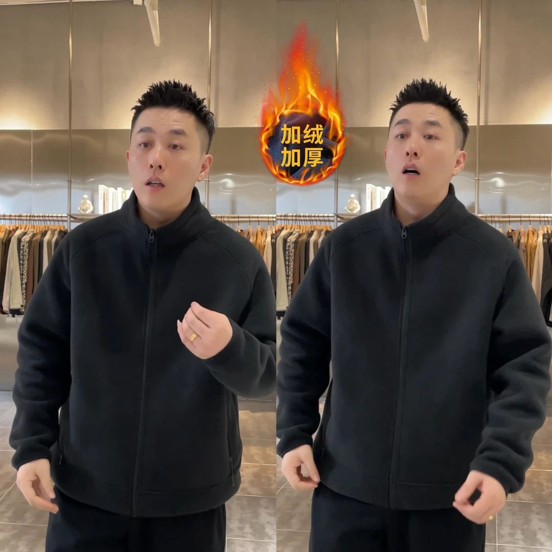 Autumn Winter New Double-Sided Fleece Stand Collar Jacket Men's Trendy Pocket Zipper Simple Solid Color Warm Cardigan_mkmklike.com