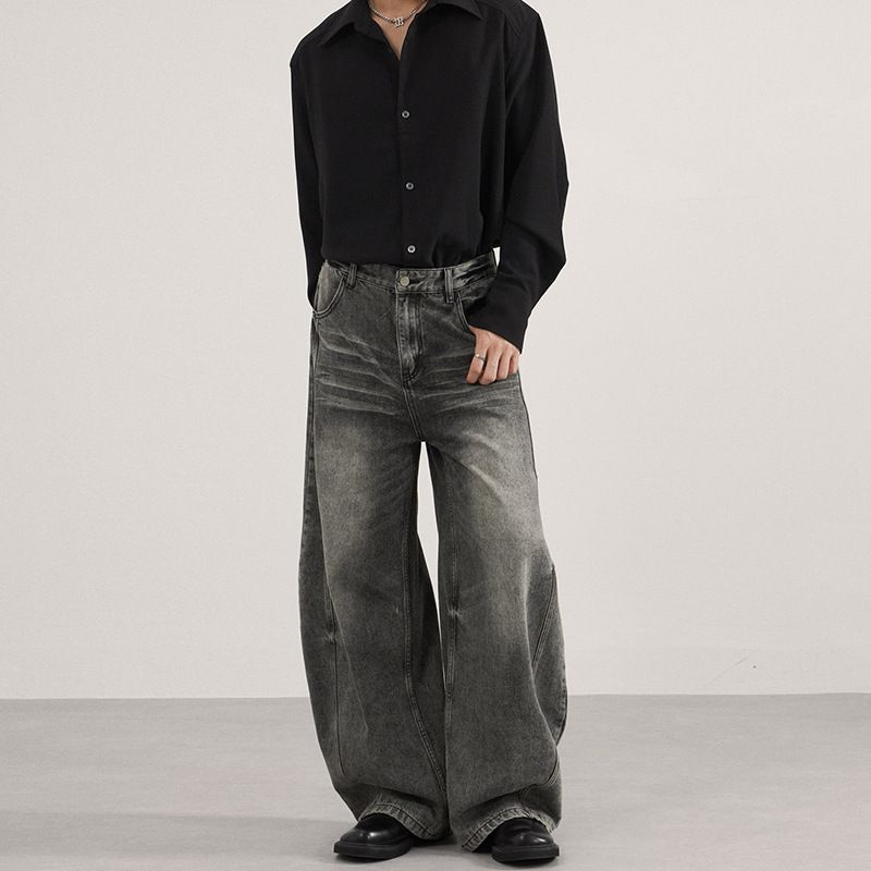 Baggy Vintage Washed Black-Grey Jeans Relaxed Fit, Distressed Details, Mid-Rise, 68% Cotton, Straight-Leg (Unisex, Streetwear, Oversized Silhouette)_mkmklike.com