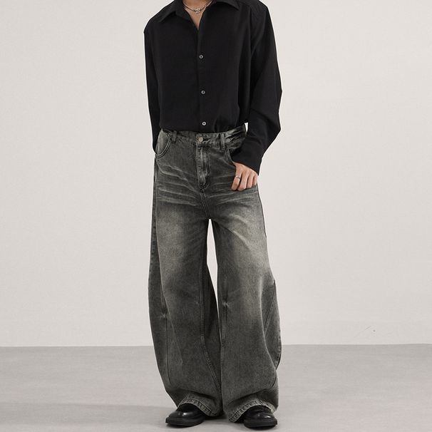 Baggy Vintage Washed Black-Grey Jeans Relaxed Fit, Distressed Details, Mid-Rise, 68% Cotton, Straight-Leg (Unisex, Streetwear, Oversized Silhouette)_mkmklike.com