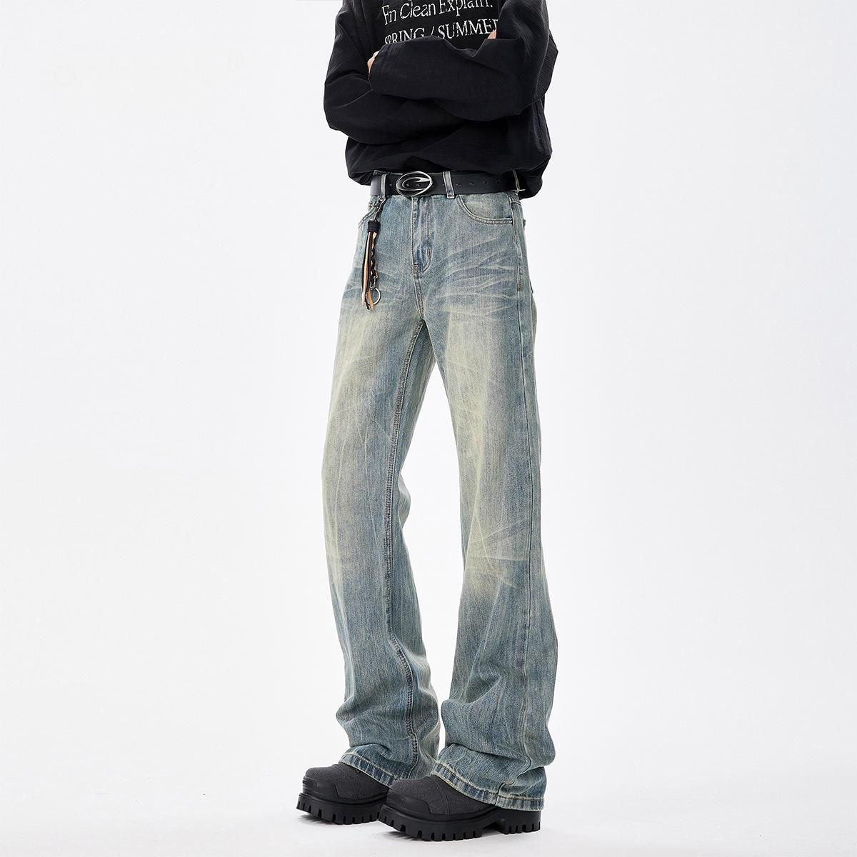 Men's Vintage Washed Jeans – High Street Relaxed Straight-Leg With Cat Whisker & Flared Hem (Blue, S-Xxxl)_mkmklike.com