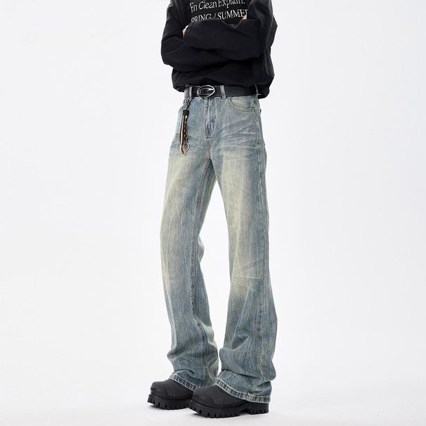 Men's Vintage Washed Jeans – High Street Relaxed Straight-Leg With Cat Whisker & Flared Hem (Blue, S-Xxxl)_mkmklike.com