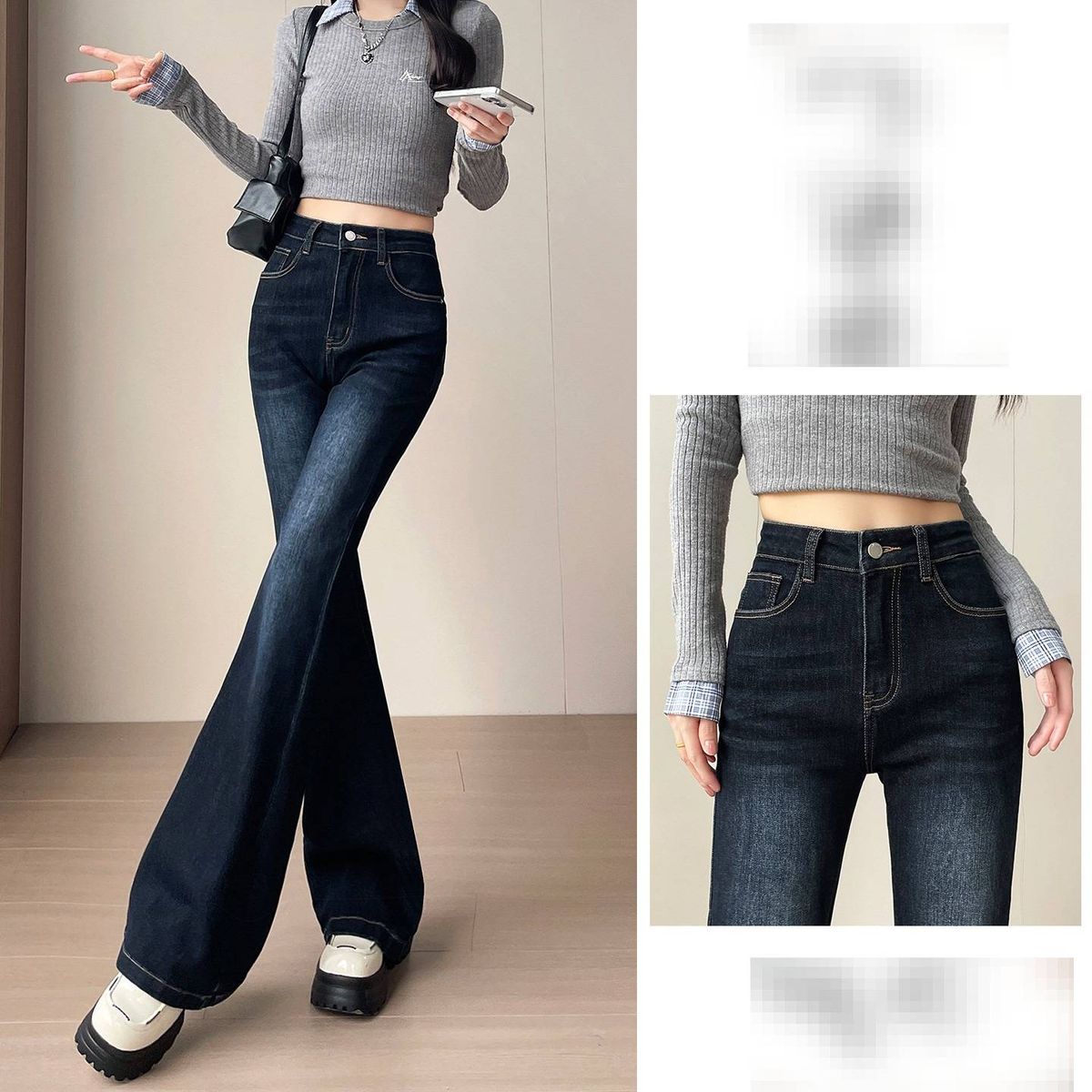 Stretch Flared Jeans For Women - High Waist Bootcut Denim Pants, Slim Fit Vintage Washed Dark Blue, Trendy 70s Retro Style (Ankle/Full/Extra Long)_mkmklike.com