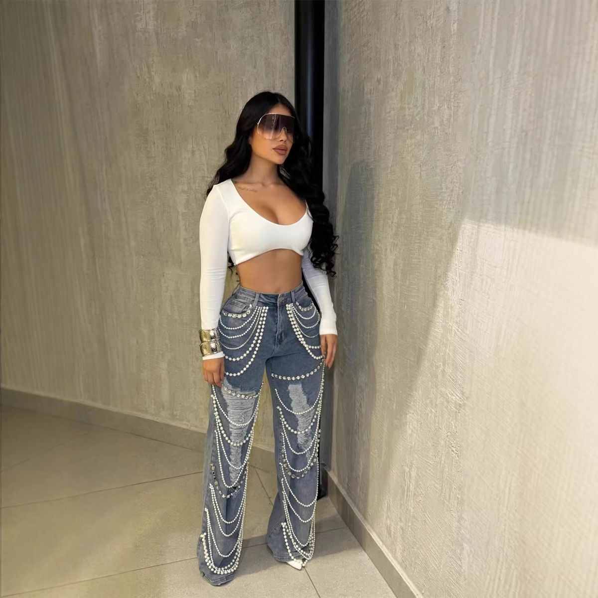Women's Clothing Women's Distressed Straight Leg Jeans With Diamond Chain Beaded Pendant Fashion For Formal & Casual_mkmklike.com