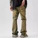 Men's Streetwear Vintage Washed Denim Jeans - High Waist Loose Fit Flare Pants With Splatter Paint Design_mkmklike.com