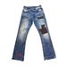 Velvet Patchwork Burnout Flared Jeans Distressed Bleached Denim Pants Metal Accents Unisex Vintage Wash Zip Fly 68% Cotton No Stretch_mkmklike.com