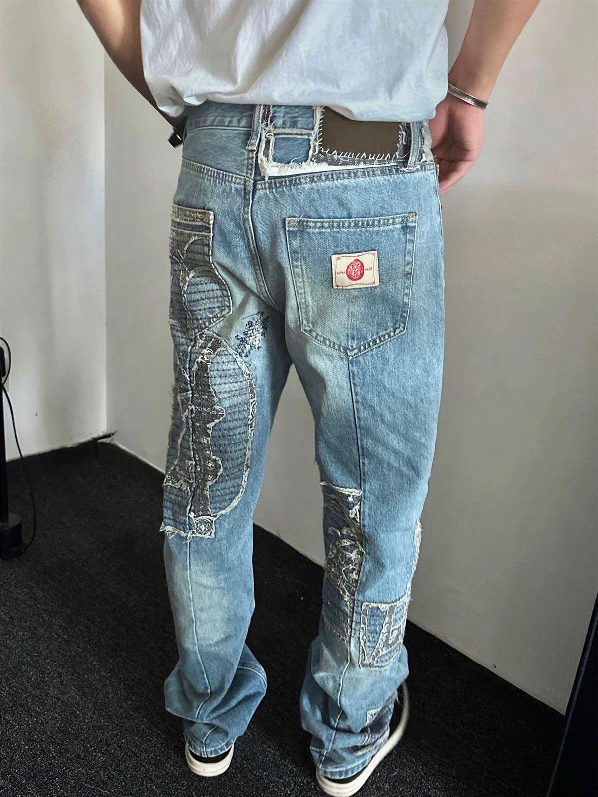 Men's Vintage Distressed Print Stretch Jeans - Retro Washed Denim Pants With Comfortable Straight Leg Fit For Casual Wear_mkmklike.com