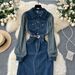 Women's Clothing Niche Long Sleeved Striped Stitching Lapel Metal Button Waist Slim Fit Slit Denim Dress For Women_mkmklike.com
