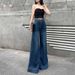 Women's Clothing High Waist Wide Leg Jeans - Stretchy Retro Blue Flared Trousers With Vintage Wash & Floor-Length Design_mkmklike.com