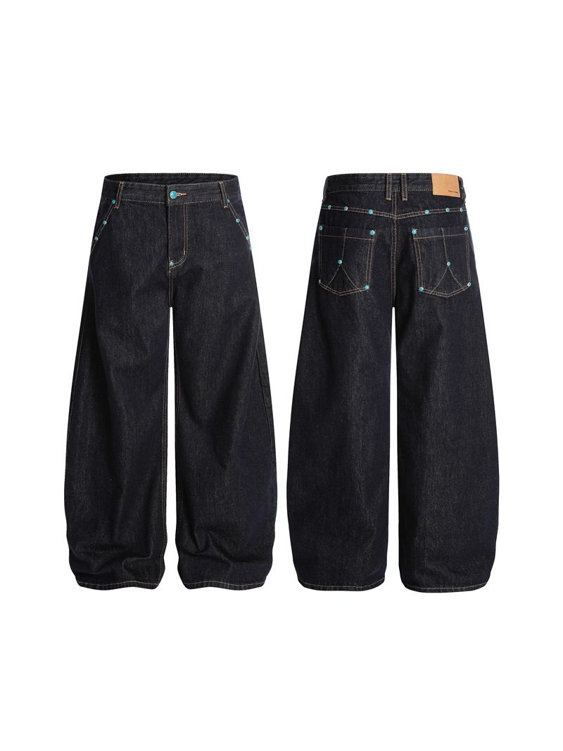 Turquoise Rivet & Button Embellished Denim Jeans – Scimitar Cut Wide-Leg Pants For Men_mkmklike.com