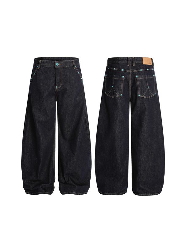 Turquoise Rivet & Button Embellished Denim Jeans – Scimitar Cut Wide-Leg Pants For Men_mkmklike.com