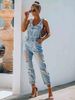 Women's Distressed Denim Overalls - Vintage Washed Light Blue Bib Overalls With Adjustable Straps_mkmklike.com