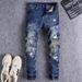 Men's Clothing Men's Slim Fit Skinny Jeans Dark Blue Washed Ripped Trendy American Street Style Hip Hop Retro Embroidered Patchwork_mkmklike.com