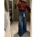 Dark Blue Bamboo-pattern Vintage Flared Jeans 2025, High-waisted, Trendy, Loose-fitting Bell-bottom Pants For Tall_mkmklike.com