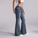 Women's Low Rise Belt Buckle Flared Jeans American Style Retro Washed Blue Sexy Elastic Floor Length Pants_mkmklike.com