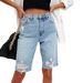 Women'sClothing High Elastic Small Feet Pants Mid Waist Quarter Pants Perforated Jeans_mkmklike.com