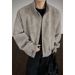 Gray Tie-Dye PU Leather For Men, Autumn American Retro Boxy Fit Coat, Stylish Stand Collar Workwear Baseball Jacket_mkmklike.com