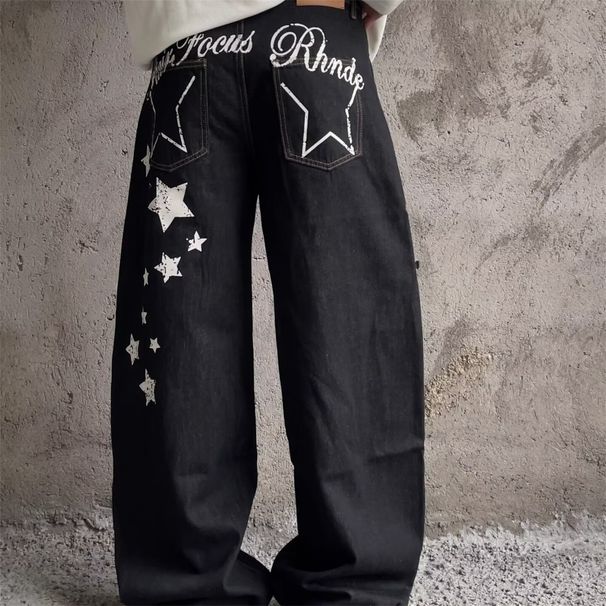Unisex American Retro Scimitar Jeans Loose Fit Versatile Black Wide Leg Jeans Letter Star Design_mkmklike.com