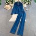 Relaxed Denim Top & Wide-Leg Pants Set | V-Neck Long Sleeve & Drawstring Waist | Comfortable Stretchy Fabric_mkmklike.com