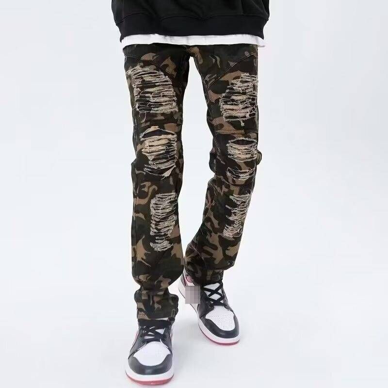 Men's Clothing Streetwear Hip-Hop Cargo Jeans – Distressed Washed Camo Multi-Pocket Workwear Pants_mkmklike.com