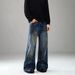 Boys Retro Hip Hop Deconstructed Distressed Ink Straight Jeans mid Waist High Street Style American Pants with Slight Stretch_mkmklike.com
