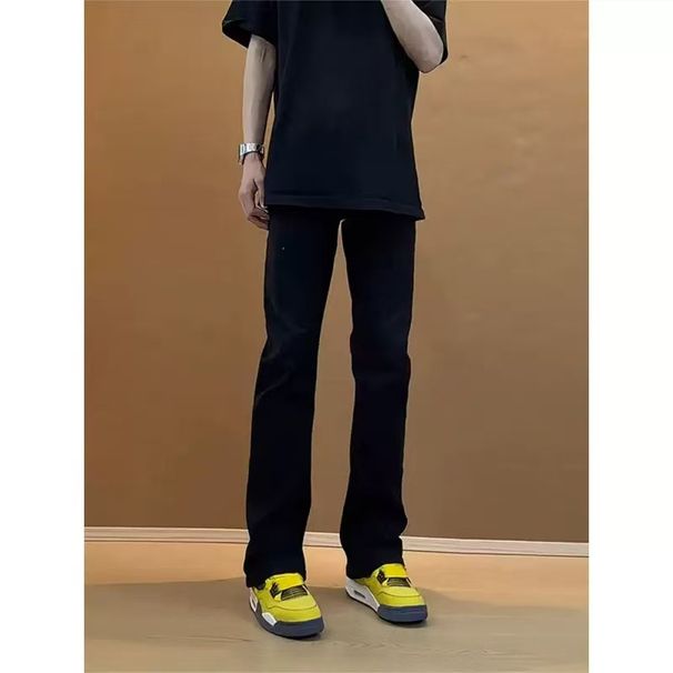 Men's Clothing Men's Straight Leg Jeans Light Blue Frayed Edge Cross Patterned Retro Trendy Youth Spring Fashion Pants_mkmklike.com