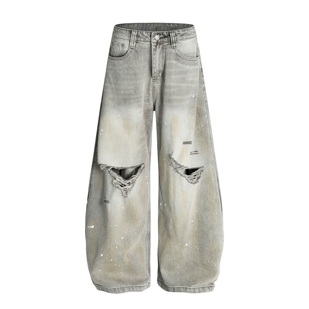 Wasteland Style Distressed Dirty Denim Scimitar Pants Men's Trendy Punk Paint Splatter Washed Wide-Leg Trousers_mkmklike.com