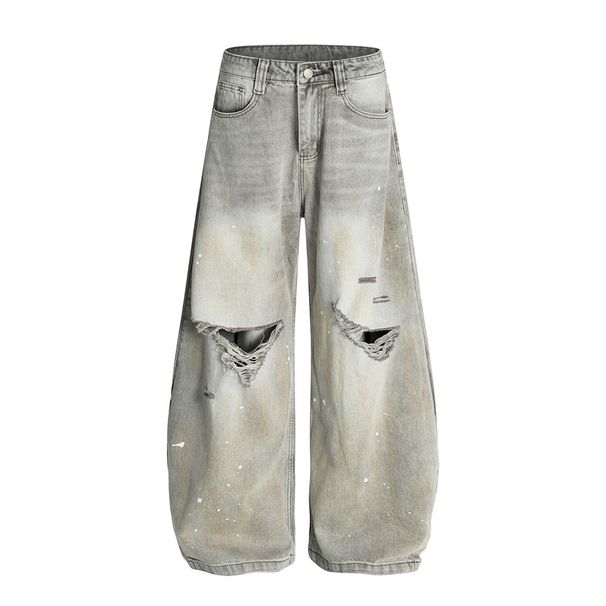 Wasteland Style Distressed Dirty Denim Scimitar Pants Men's Trendy Punk Paint Splatter Washed Wide-Leg Trousers_mkmklike.com