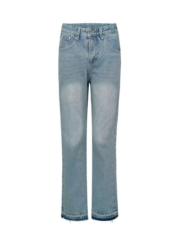 Men's Retro Washed Denim Jeans – Frayed Hem Tassel Design, Clean Fit Straight Leg, Vintage Grey/Black/Light Blue_mkmklike.com