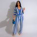 Women's clothing sexy ladies V-neck hollow striped lapel knitted wide pants suit_mkmklike.com