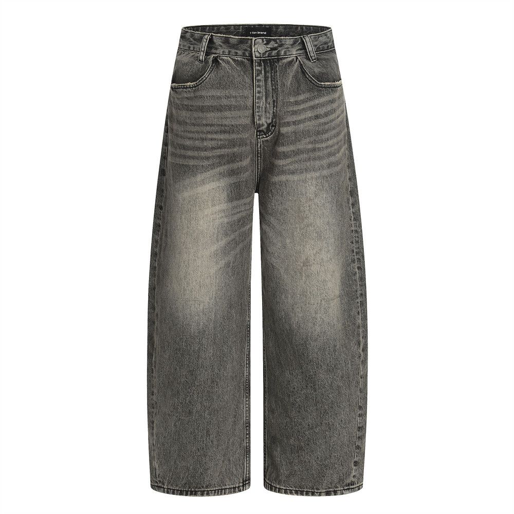 Punk Denim Scimitar Pants Men's Street Fashion American Style Loose Fit Vintage Washed Edge Wide-Leg Trousers_mkmklike.com